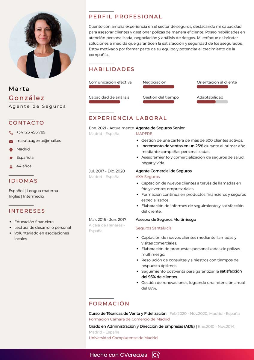 ejemplo curriculum agente de seguros