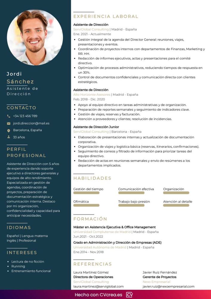ejemplo de curriculum para asistente de dirección